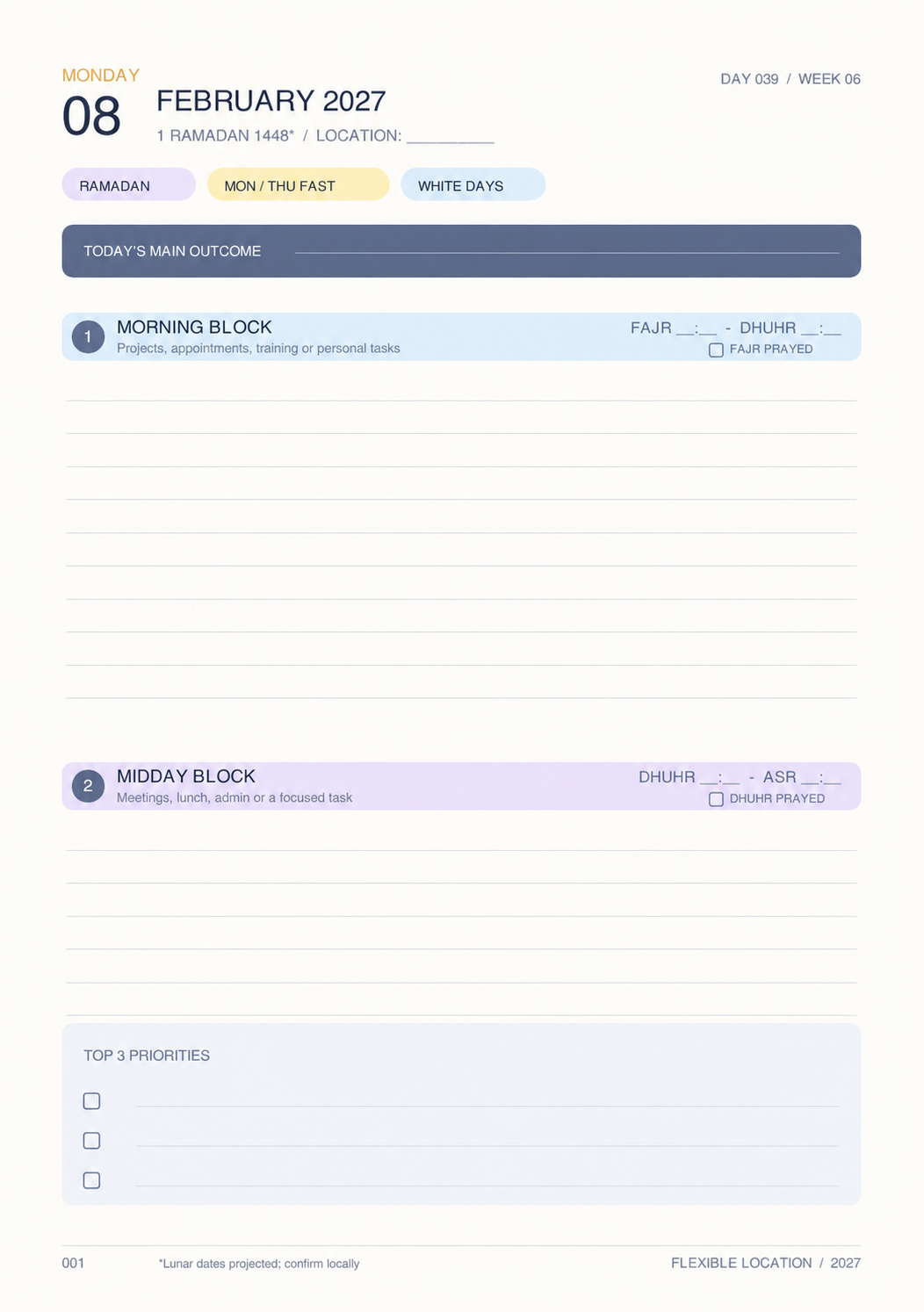 Flexible Location page matching the City Edition layout with blank underscored prayer times
